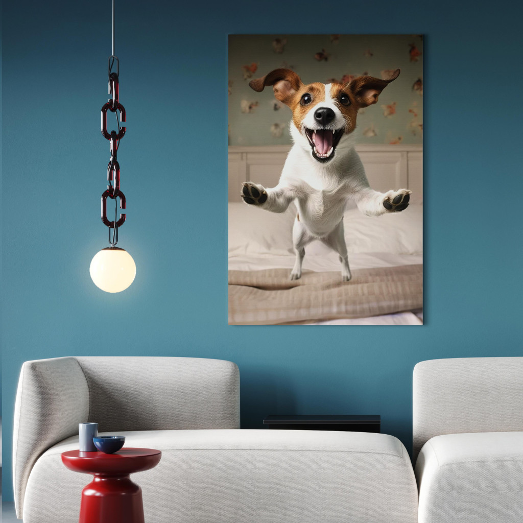 Obraz AI Pies Jack Russell Terrier - Radosny Zwierzak Skaczący Z łóżka W Objęcia Właściciela - Pionowy