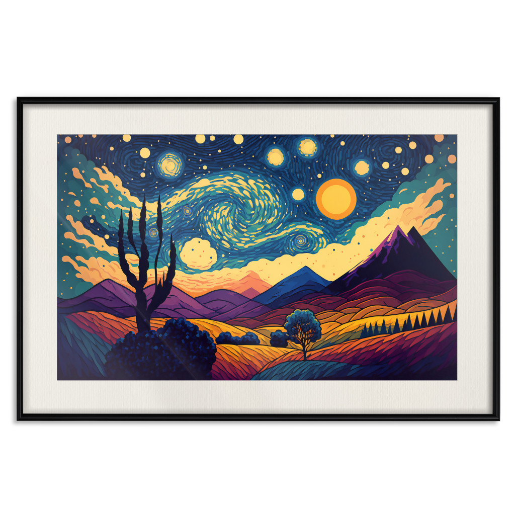 Muur Posters Impressionistic Landscape - Mountains And Fields Under A Sky Full Of Stars