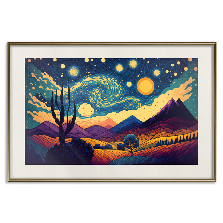 Cartel Impressionistic Landscape - Mountains and Fields Under a Sky Full of Stars 151135 additionalImage 25