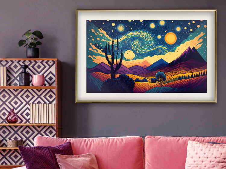 Cartel Impressionistic Landscape - Mountains and Fields Under a Sky Full of Stars 151135 additionalImage 17