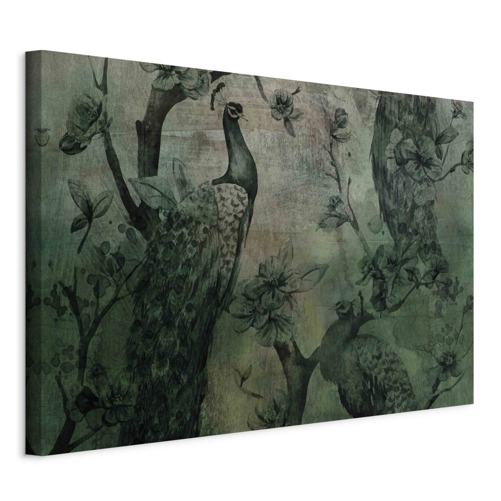 Duży Obraz XXL Ciemnozielone Pawie - Vintage Kompozycja Z Ptakami I Kwiatami [Large Format]