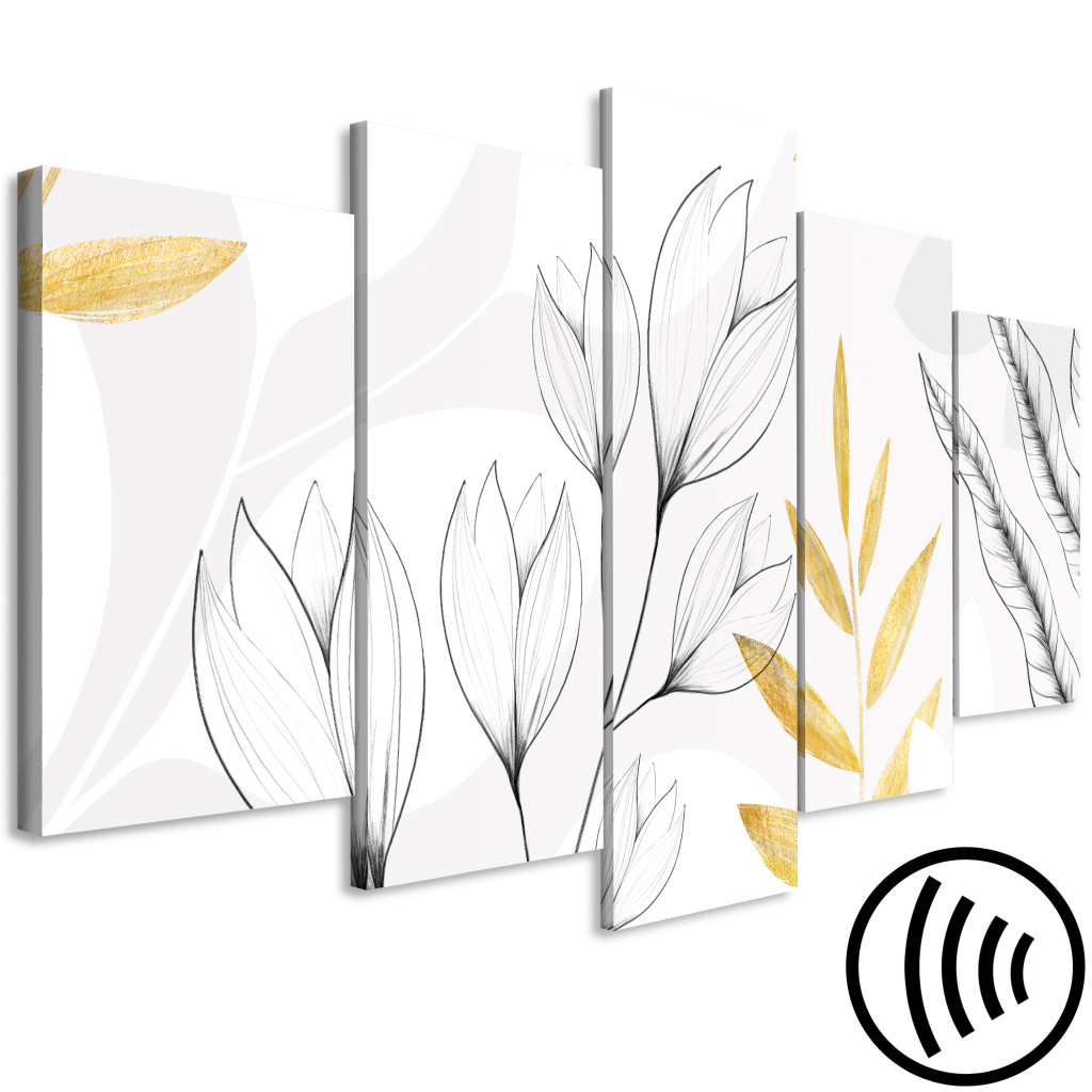 Obraz Magnolie I Liście - Minimalistyczne Rośliny W Szarościach I Złocie