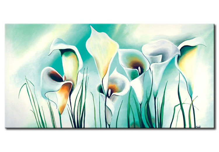 Canvas Art Print Callas (1-piece) - white floral motif with turquoise pattern 46635