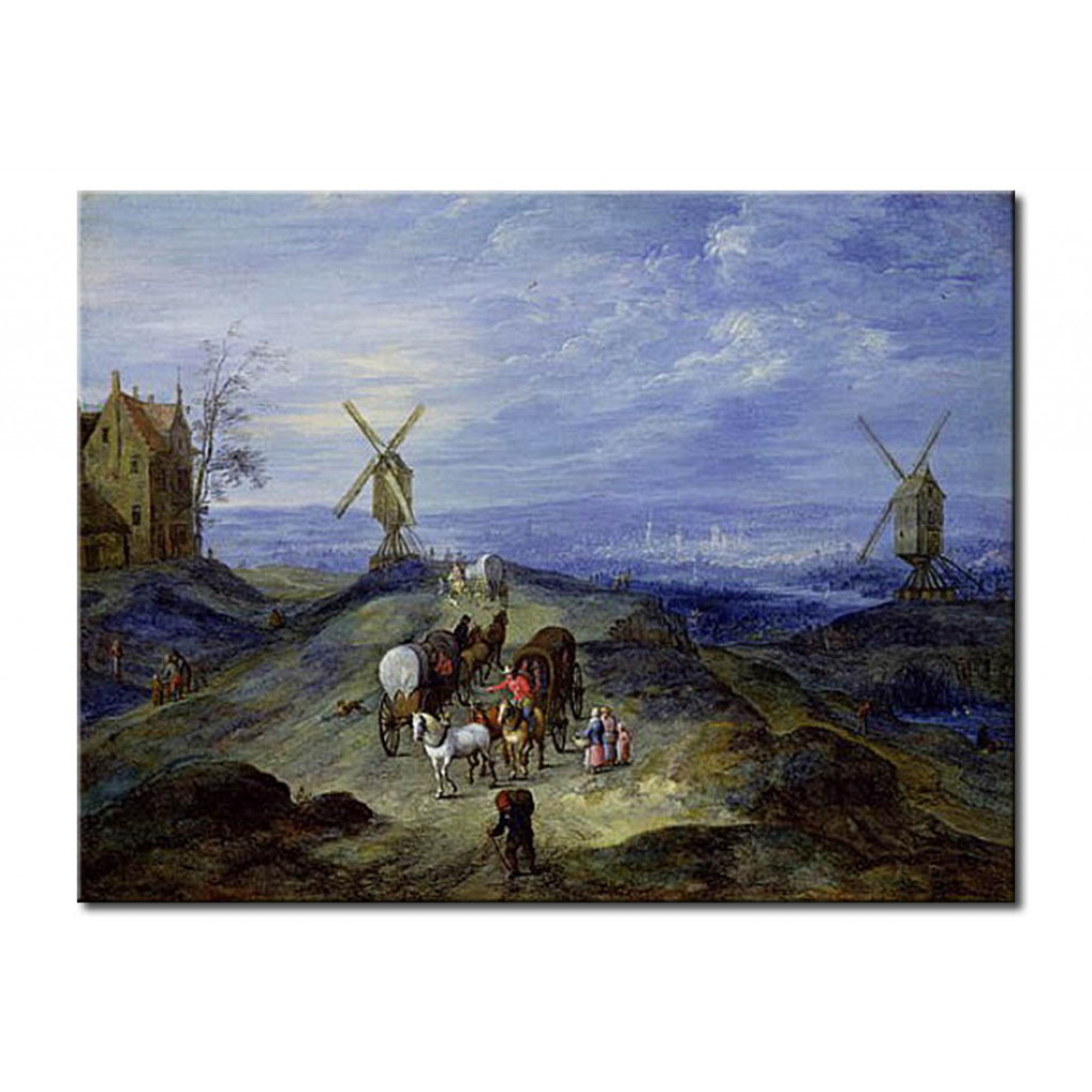 Schilderij  Jan Brueghel De Oudere: Landscape With Two Windmills