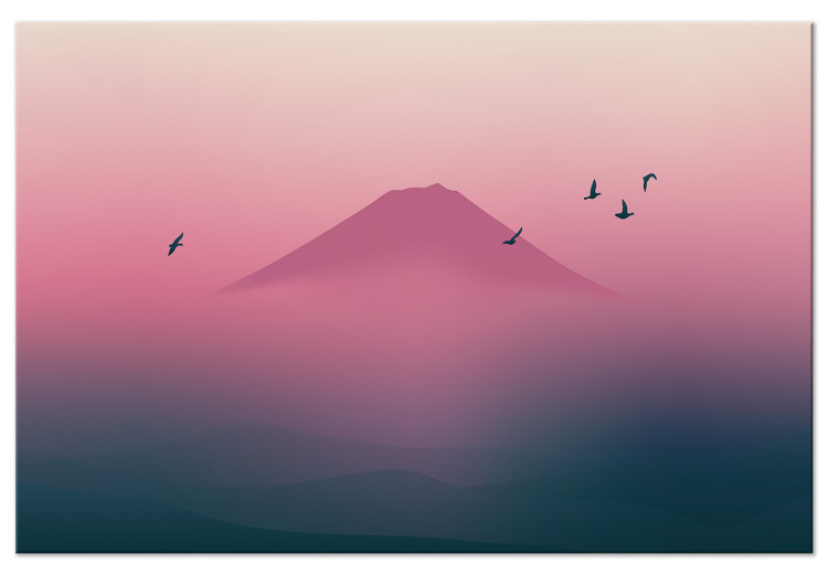Quadro moderno Mount Fuji - Moody Landscape in the Morning Fog and Birds Flying 149845