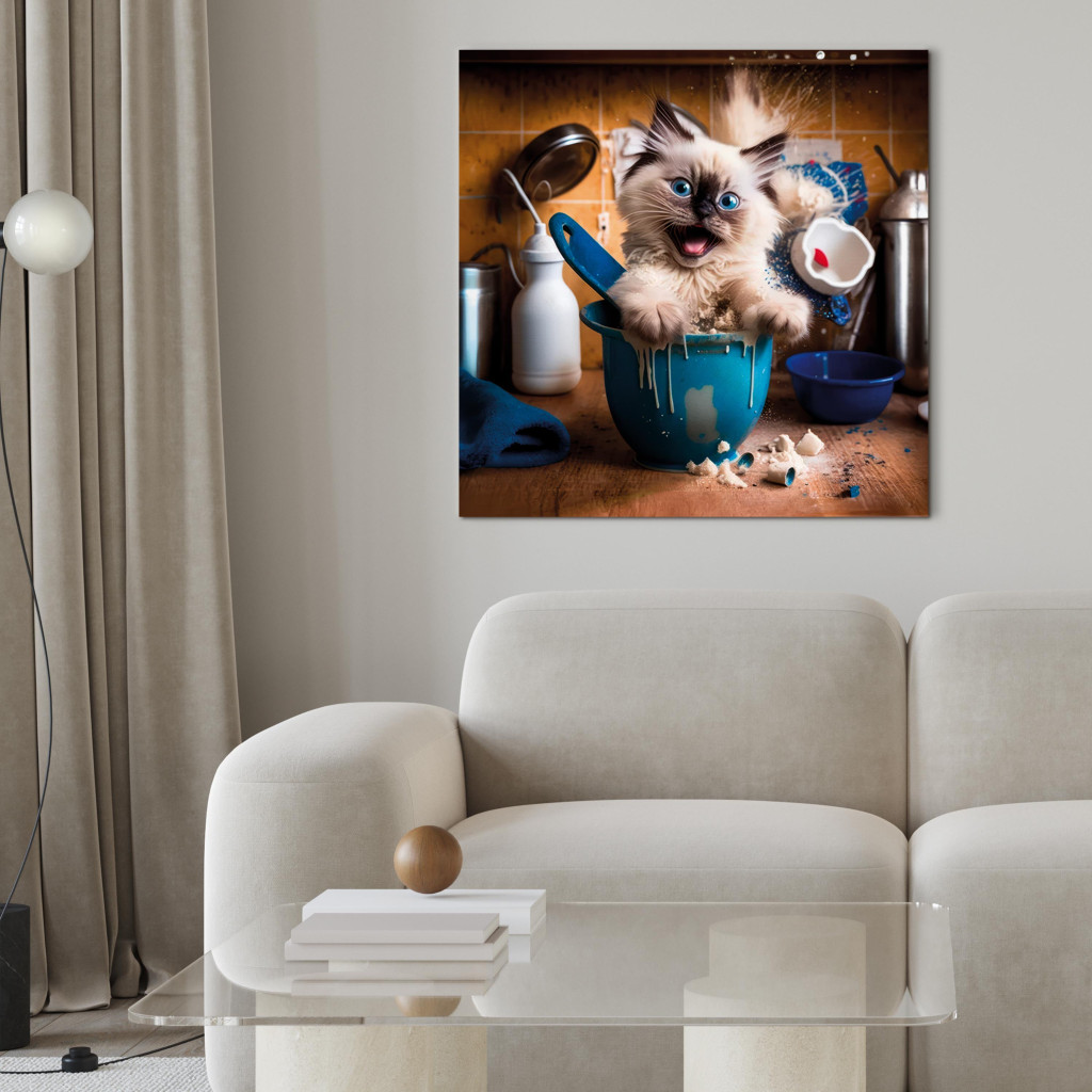 Obraz AI Kot Ragdoll - Puchaty Zwierzak Podczas Zabawy W Kuchni - Kwadratowy
