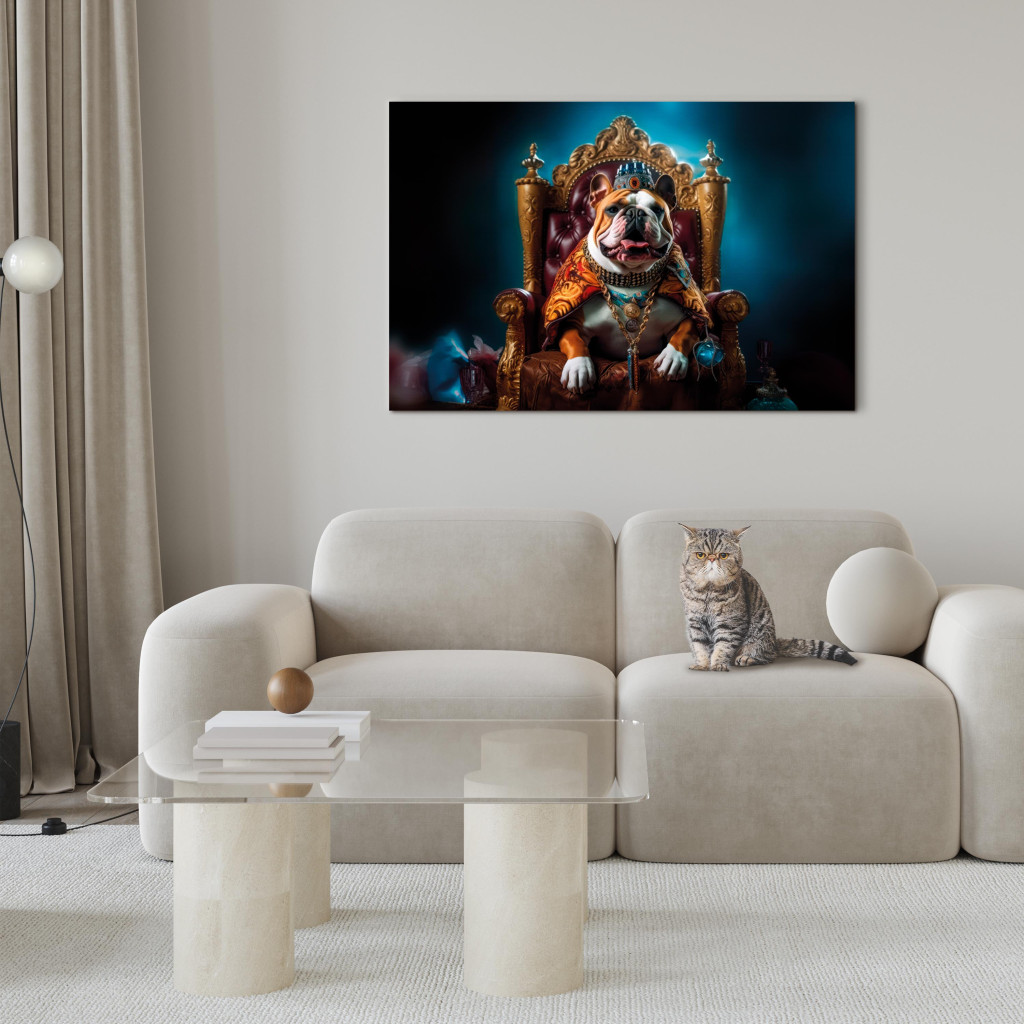 Målning AI Dog English Bulldog - Animal In The Role Of King On The Throne - Horizontal