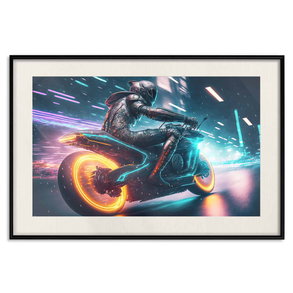 Plakat: Nocny Wyścig - Rozpędzony Motocykl W świetle Miasta