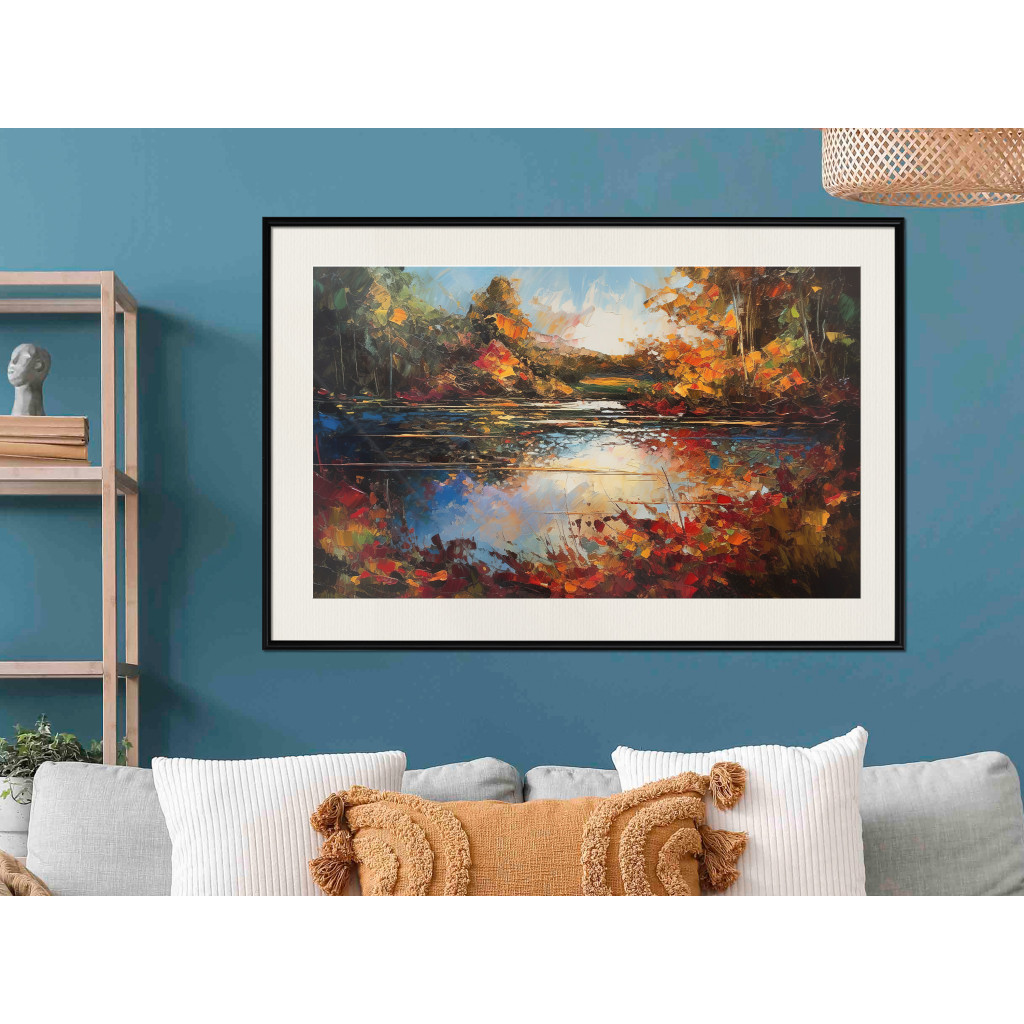 Plakat: Jesienne Jezioro - Pomarańczowo-brązowy Pejzaż Inspirowany Monetem