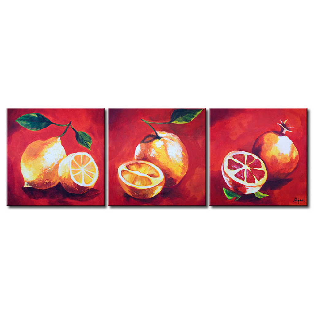 Schilderij  Fruit: Vitamine C (3-delig) - Geschilderde Citroenen En Grapefruits Met Bladeren