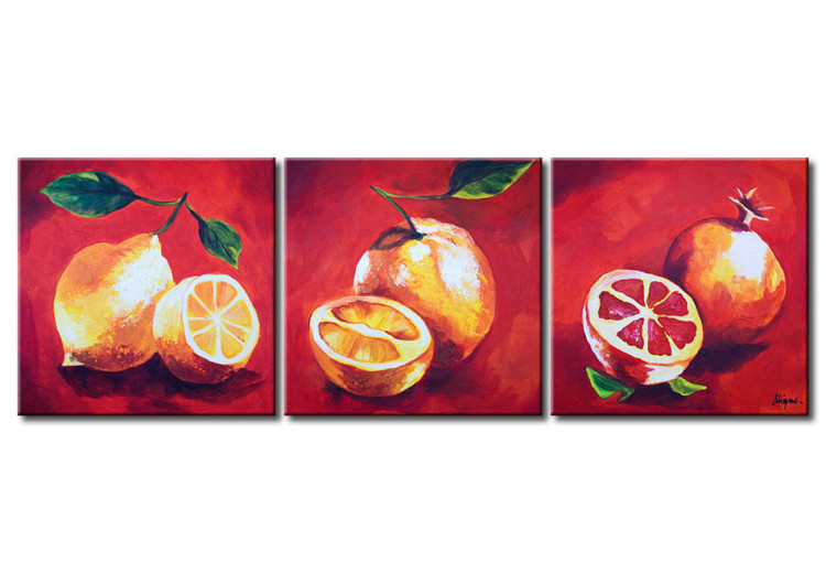 Quadro moderno Vitamina C (3 pezzi) - limoni e pompelmi dipinti con foglie 46745