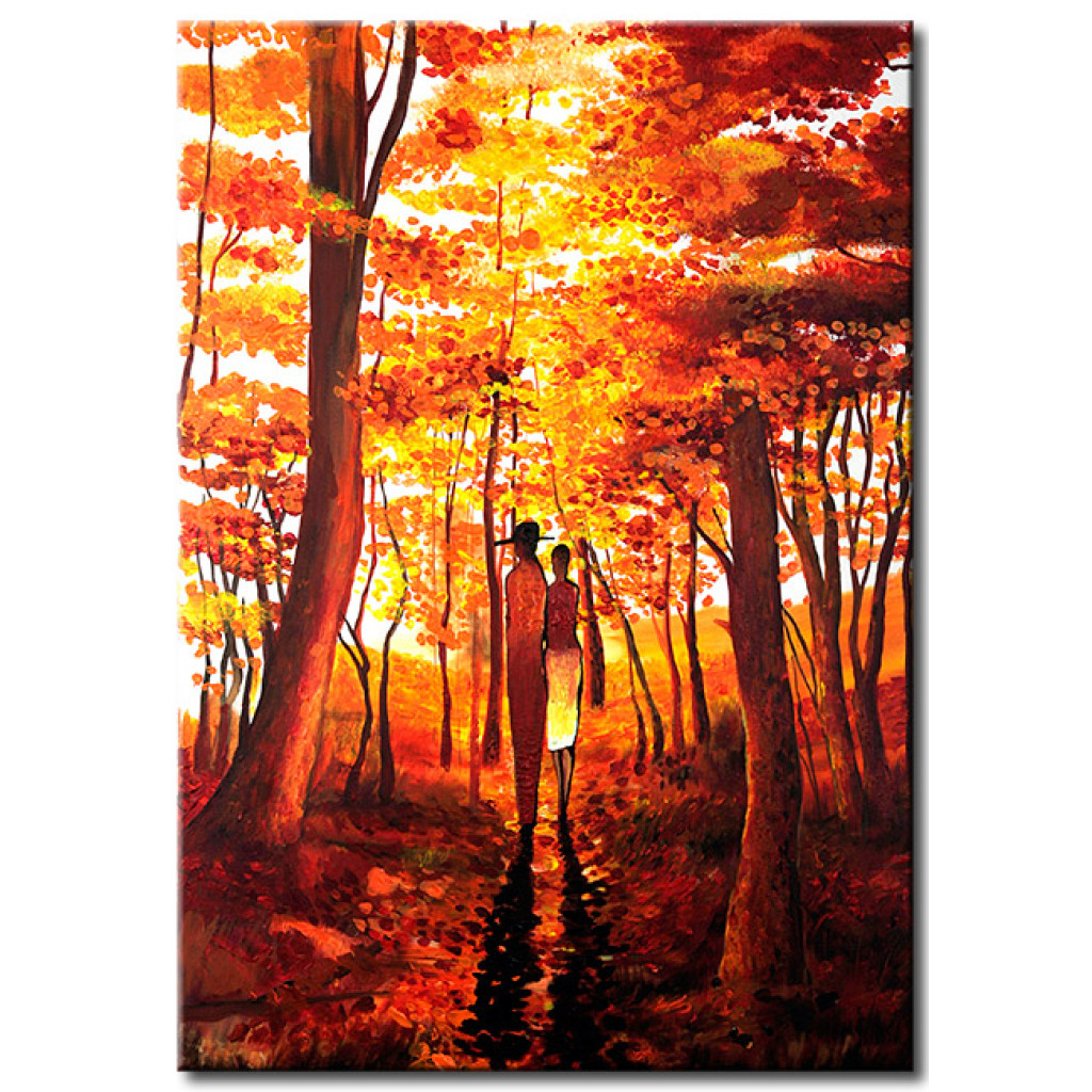 Pintura Em Tela Amor De Outono (1 Parte) - Pessoas Cercadas Por Floresta Laranja
