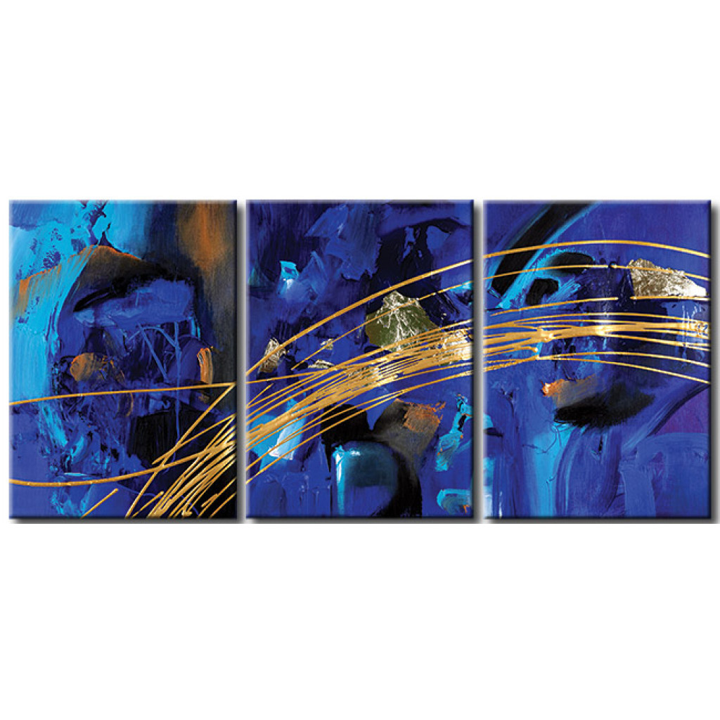 Quadro Em Tela Fantasia Do Atlântico (3 Partes) - Abstração Azul Com Dourado