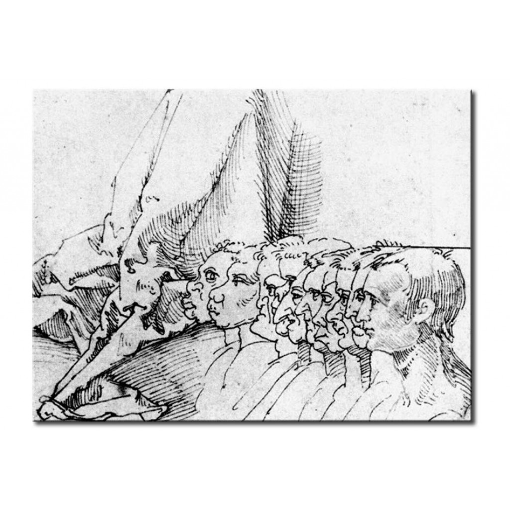 Schilderij  Albrecht Dürer: Ten Heads In Profile, Mostly Caricatured, And Drapery