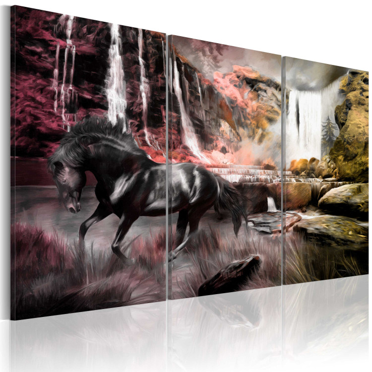 Quadro su tela Cascata e cavallo - paesaggio naturale, in pietra con un animale nero 55645 additionalImage 2
