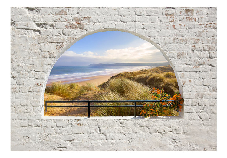 Mural Vista da Janela - paisagem com mar e praia arenosa cercada por tijolos 89845 additionalImage 1