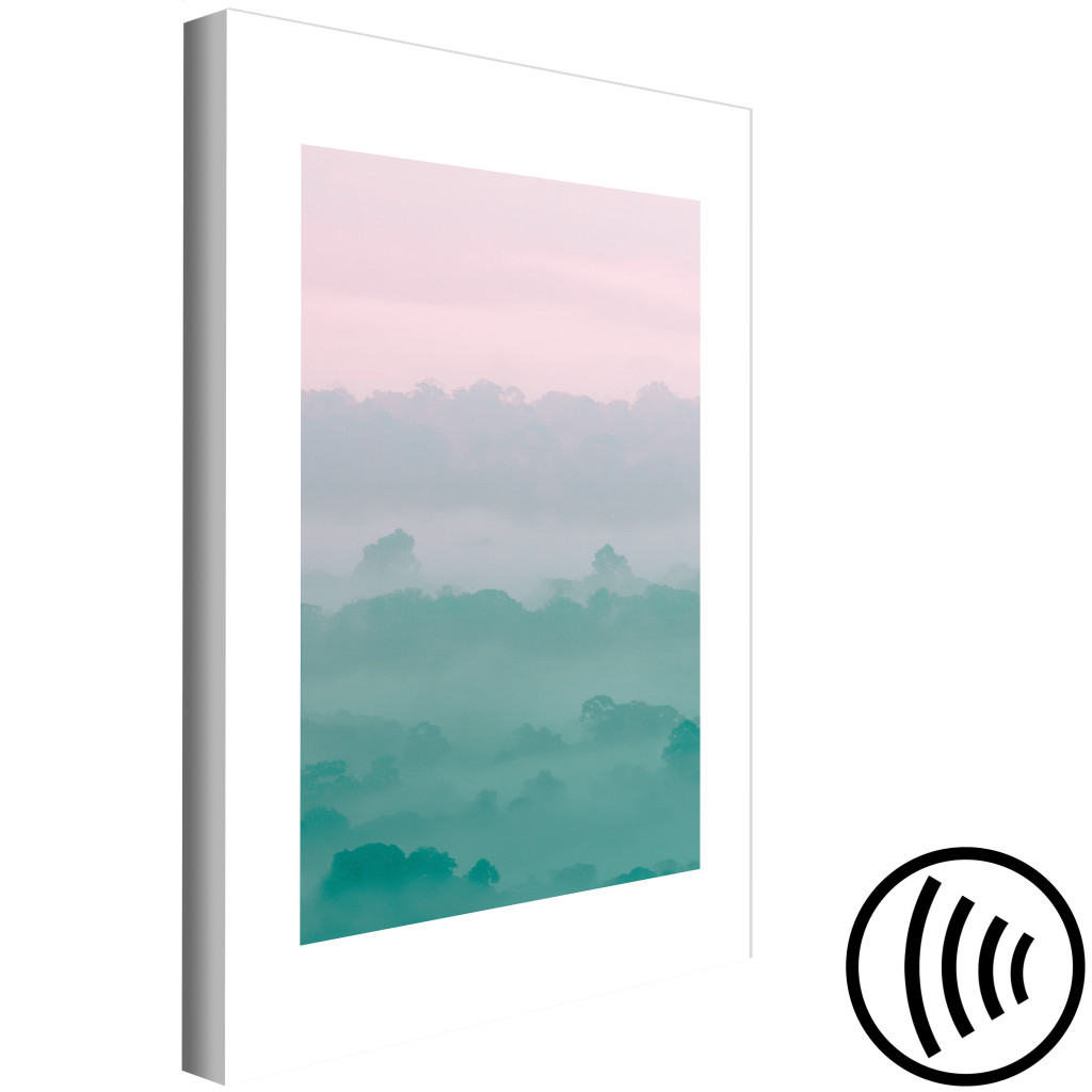 Schilderij  Bergen: Mist In De Ochtend - Een Pastel Landschap In Rozen En Groen