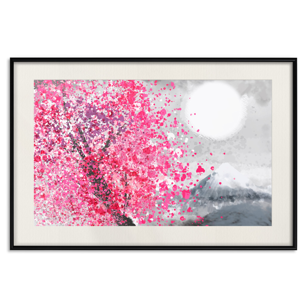 Plakat: Japońskie Widoki - Pejzaż Z Górą Fudżi I Różowym Drzewem