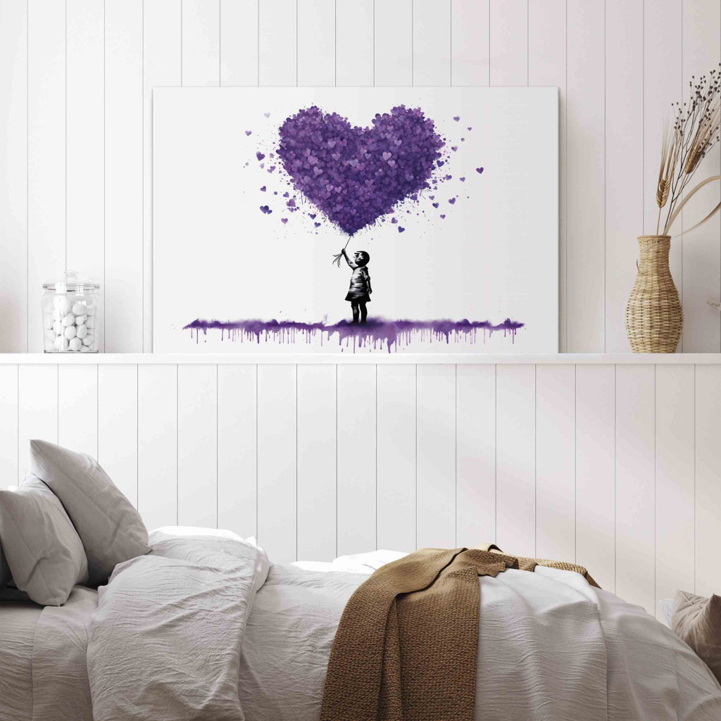 Schilderij  Street Art: Lilac Hearts - Graffiti With A Child Holding Balloons In Banksy Style
