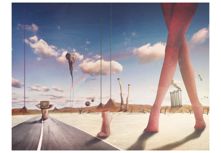 Fototapeta W stylu Salvadora Dali - abstrakcyjny pejzaż pustyni z kobietą, żyrafami, słoniem i piramidami w tle w stylu fantasy 59755 additionalImage 1