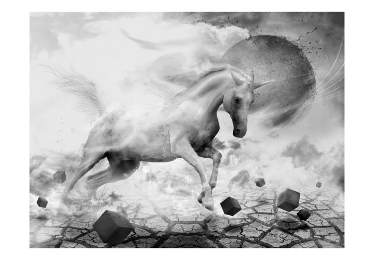 Carta da parati moderna Fantasia in bianco e nero - mondo con cavallo bianco, luna e figure 60155 additionalImage 1