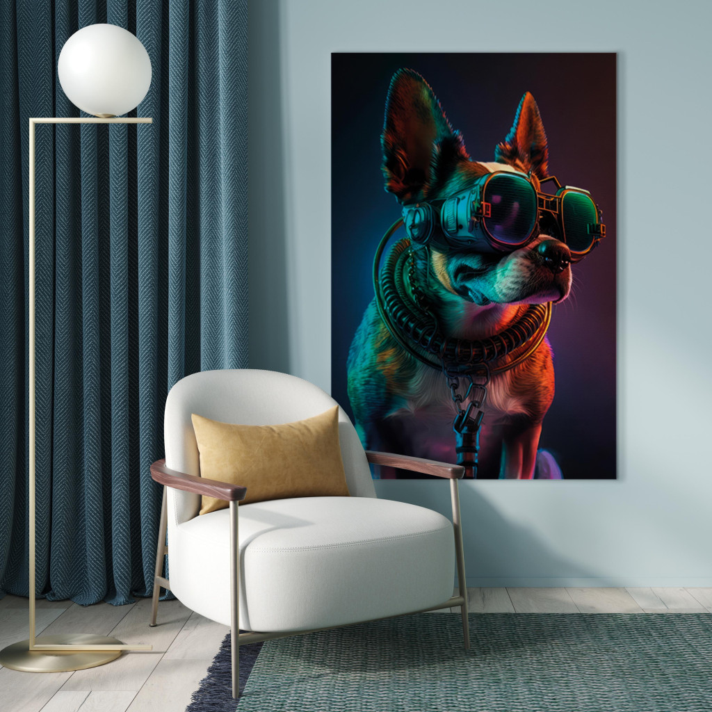 Obraz AI Pies Boston Terrier - Zielony Cyber Zwierzak W Cyberpunkowych Okularach - Pionowy