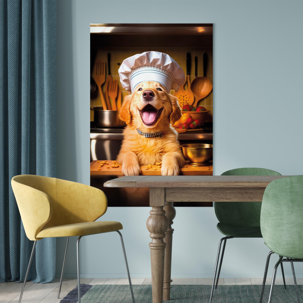 Obraz AI Pies Golden Retriever - Wesoły Zwierzak W Roli Kucharza - Pionowy