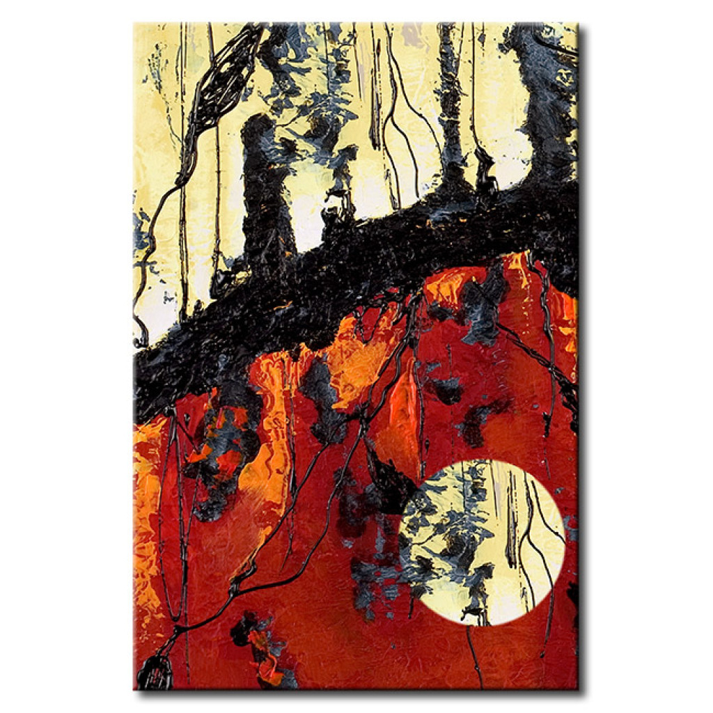 Schilderij  Abstract: Duistere Kracht (1-delig) - Zwarte Abstractie Op Een Rood-witte Achtergrond