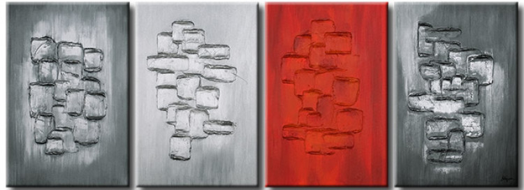 Tableau tendance Fantaisie élégante (4 pièces) - abstraction argentée avec du rouge 48165
