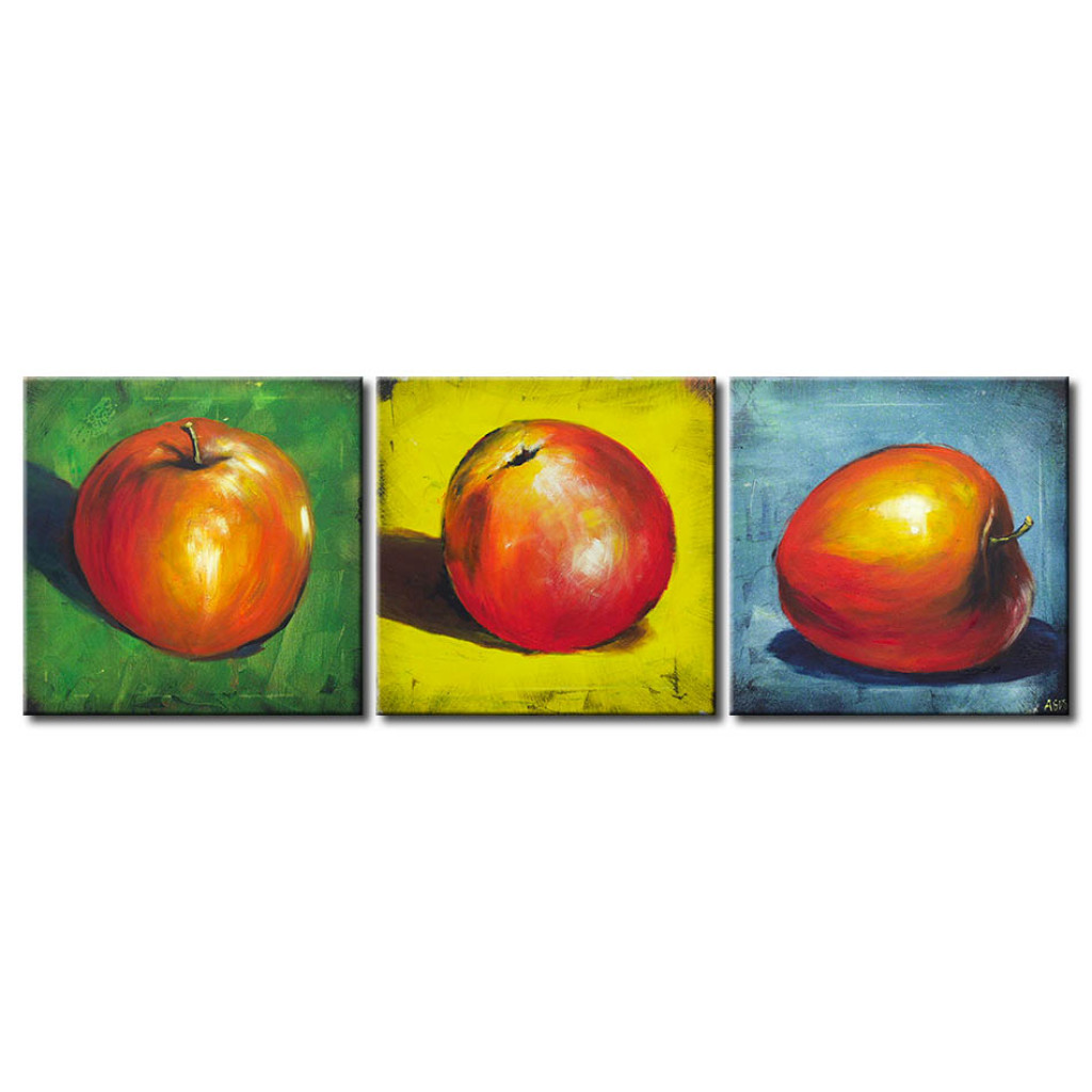 Obraz Martwa Natura (3-częściowy) - Motyw Czerwonych Jabłek Na Kolorowym Tle
