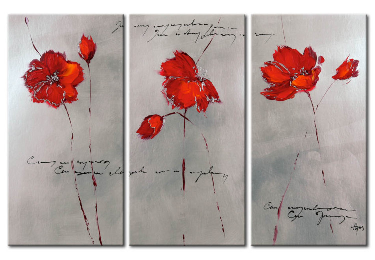 Canvas Print Subtlety of Poppies (3-piece) - Gray fantasy with flowers and inscriptions 48565