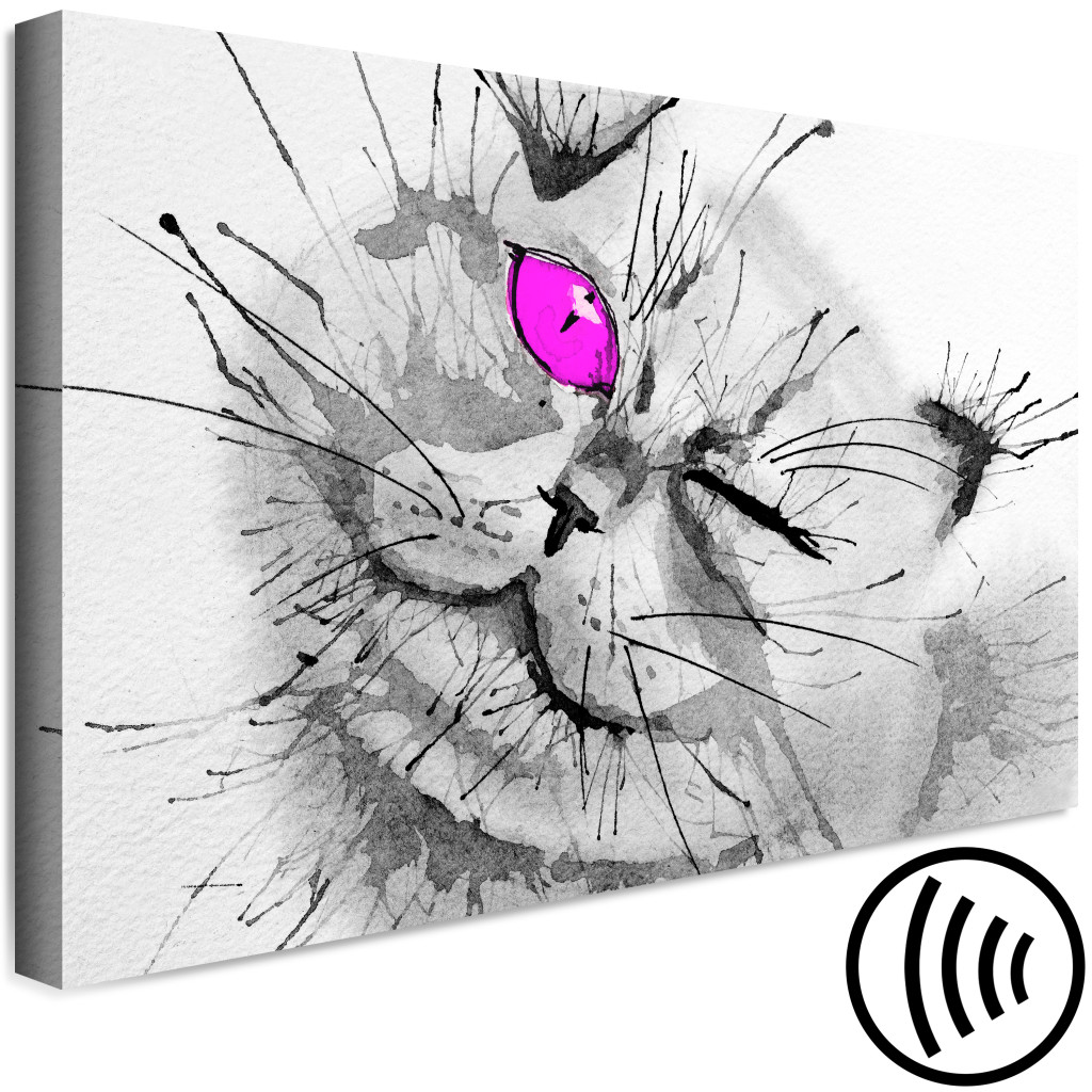 Schilderij  Katten: Grijze Kat Met Een Roze Oog - Dierenthema In Grijze Kleuren