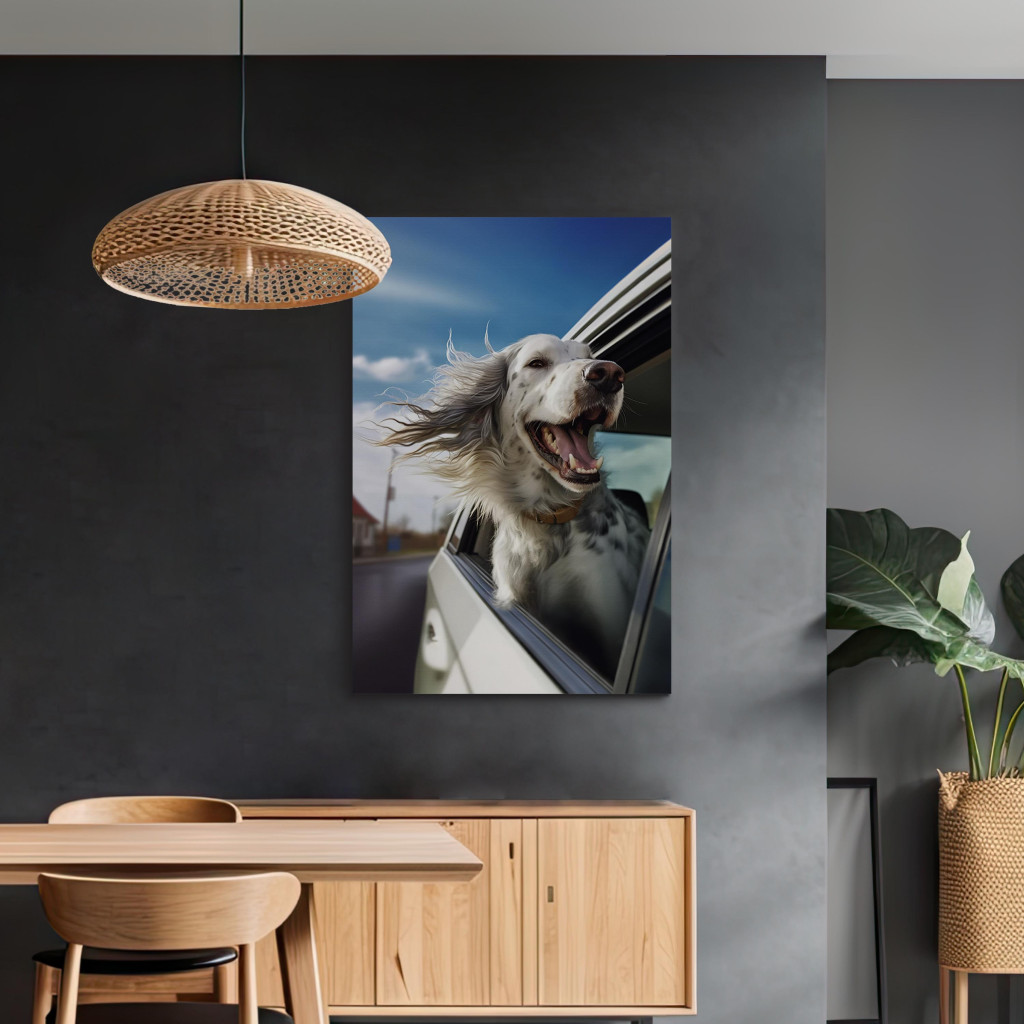 Schilderij  Honden: AI Dog English Setter - Animal Catching Air Rush While Traveling By Car - Vertical