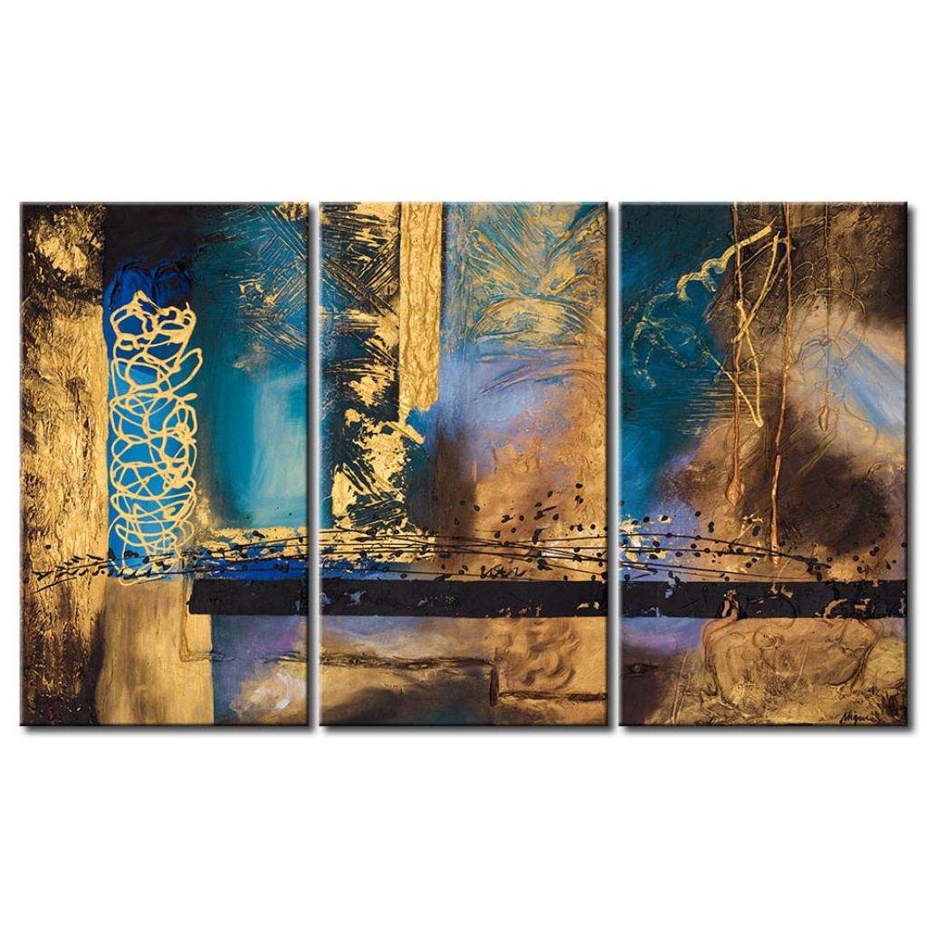 Schilderij  Gekleurde: Fantasie (3-delig) - Abstractie Met Gouden Patroon Op Turkoois Achtergrond