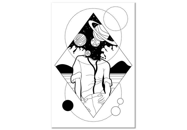 Canvas Abstract cosmos - black and white human figure with planets