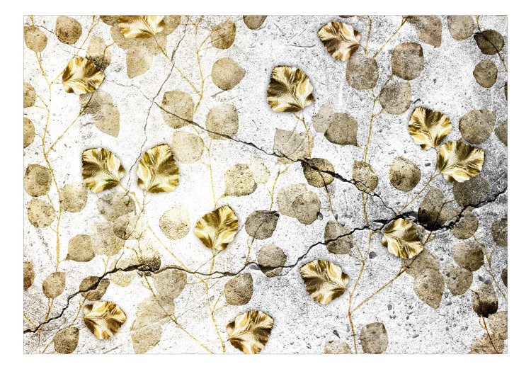 Carta da parati Autunno in oro - modello autunnale con foglie di tiglio oro ricoperte di frutta di Lunaria nelle sfumature del seppia 135485 additionalImage 1