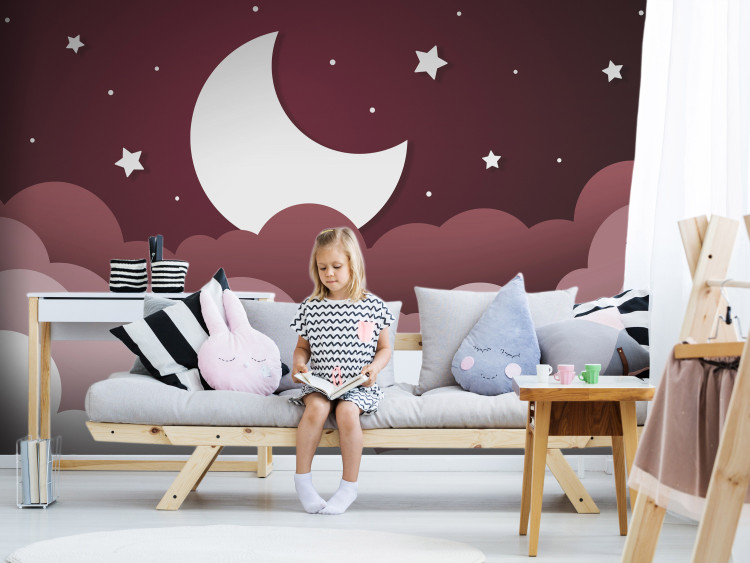 Wall Mural Moon dream - clouds in a maroon sky with stars for children