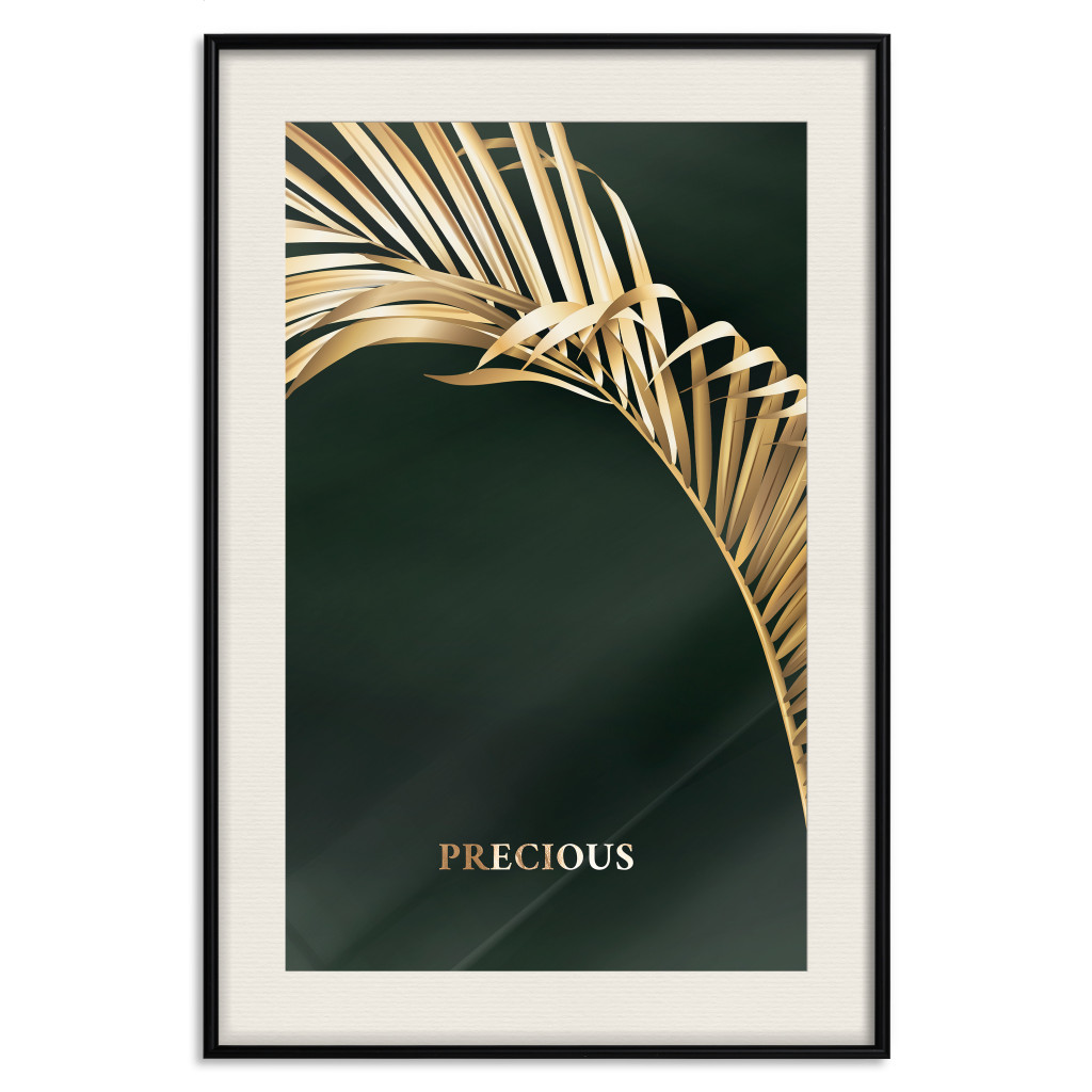 Muur Posters Exotic Plant - Golden Palm Leaf On A Dark Green Background