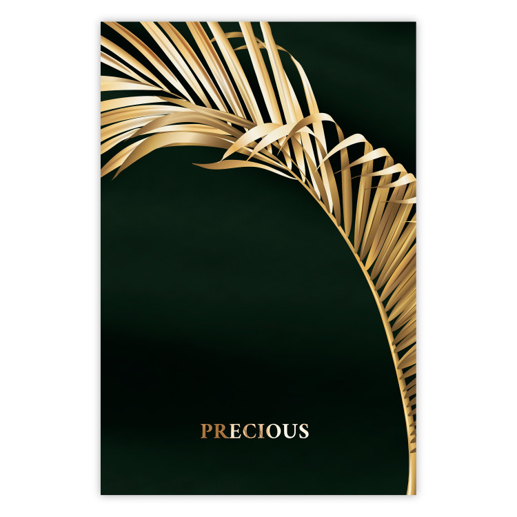 Plakat Egzotyczna roślina - złoty liśc palmy na ciemnozielonym tle 145485