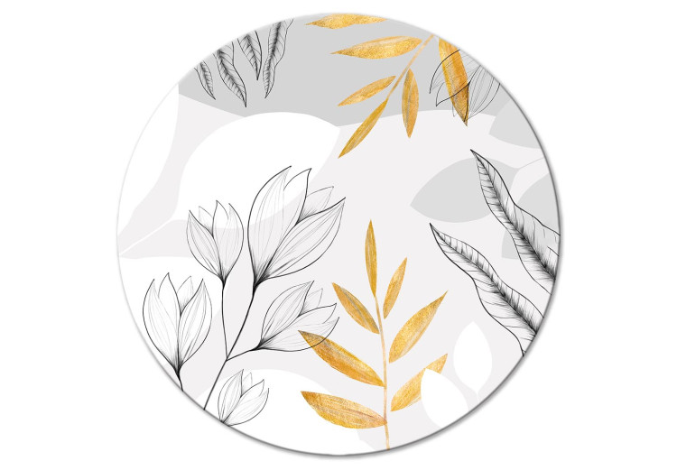 Round Canvas Graphic Flowers - Drawn Plants With Golden Leaves 148685