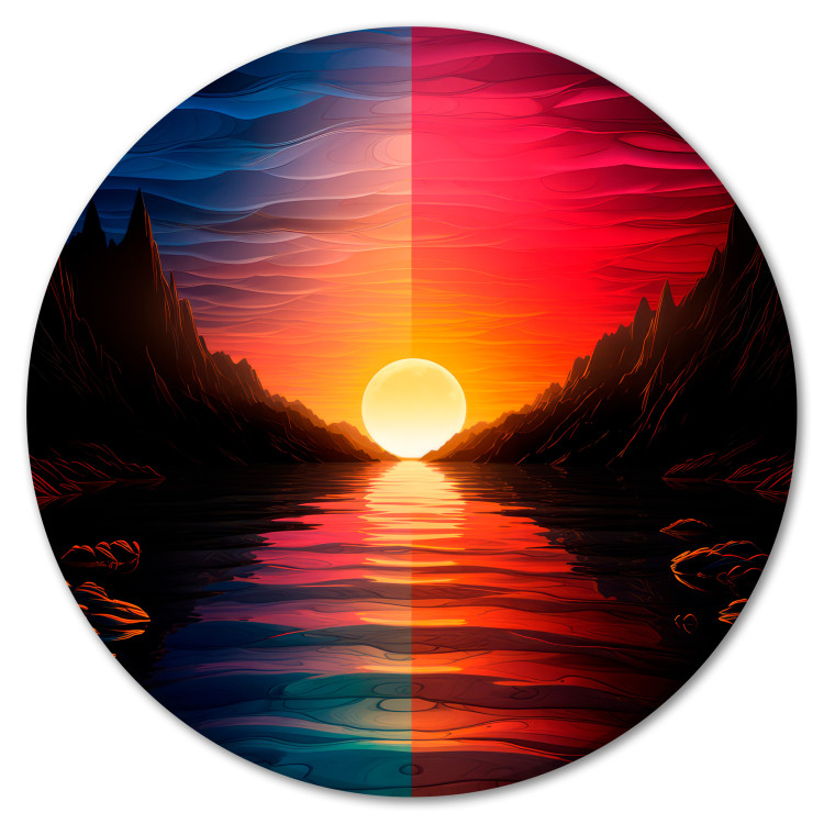 Round Canvas Purple Sunset - Orange Sun Setting Behind a Mountain River 151585