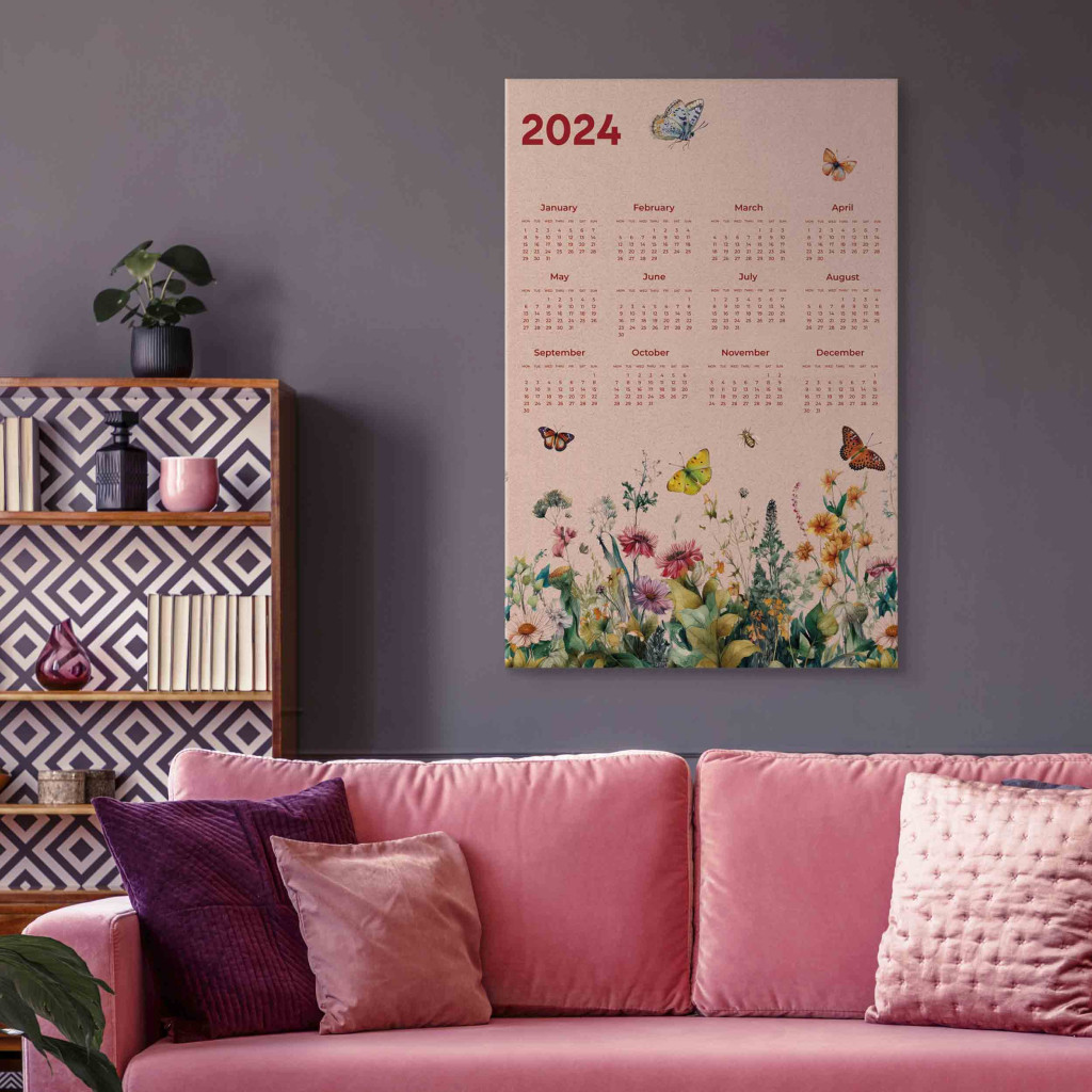 Schilderij  Met Inscripties: Calendar 2024 - Beautiful Butterflies Flying Over A Blooming Meadow