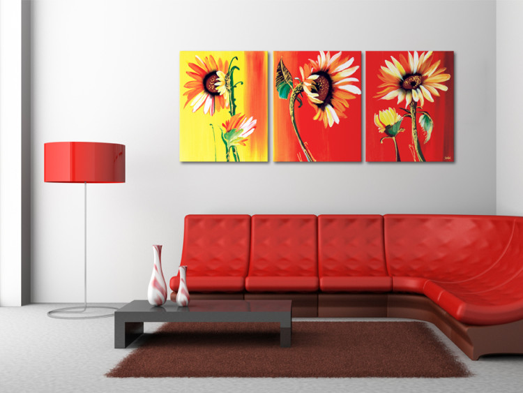 Tableau mural Trois tournesols au coucher du soleil (3 pièces) - Motif floral 47185 additionalImage 2