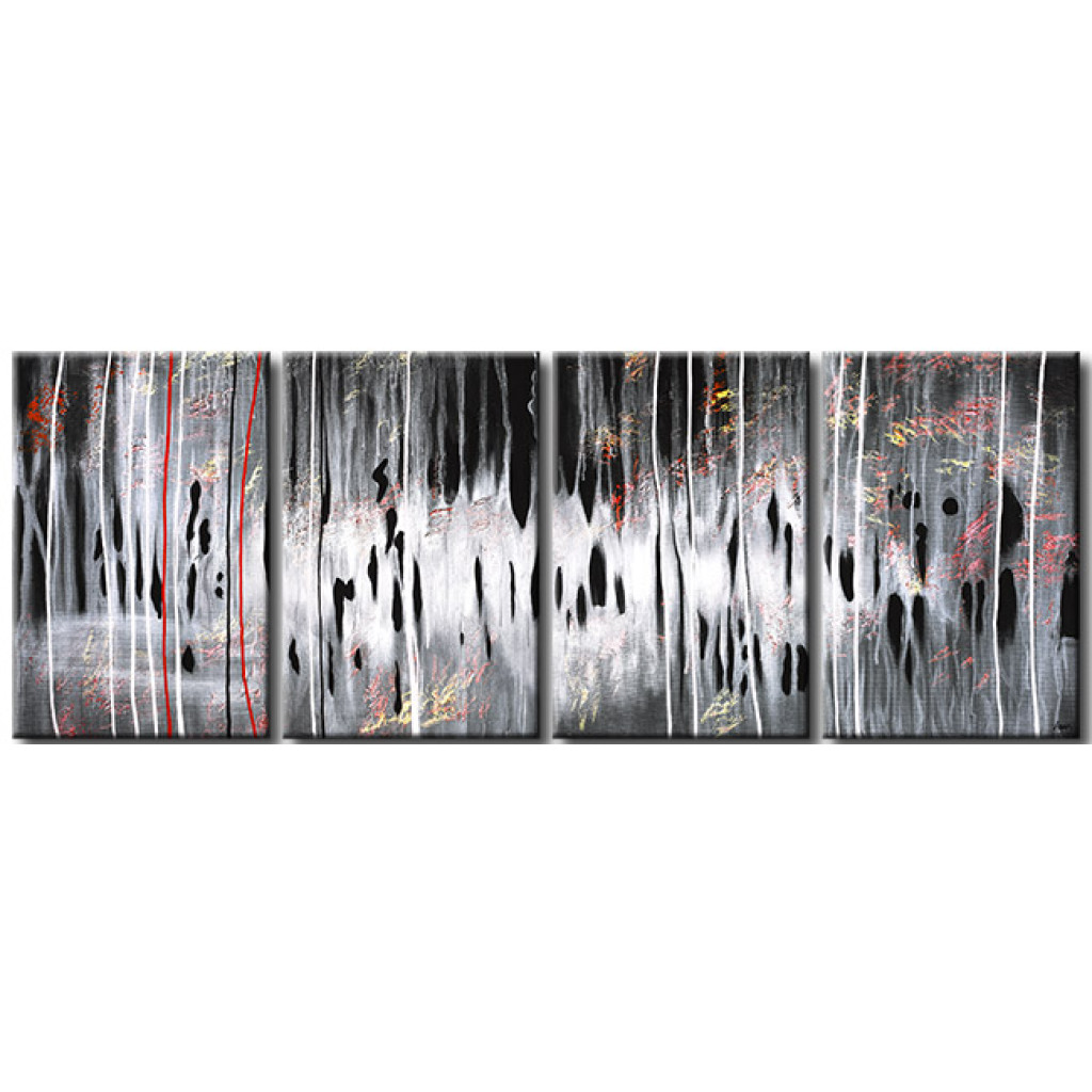 Obraz Srebro Z Dziurami (4-częściowy) - Abstrakcja Z Czarnymi Deseniami