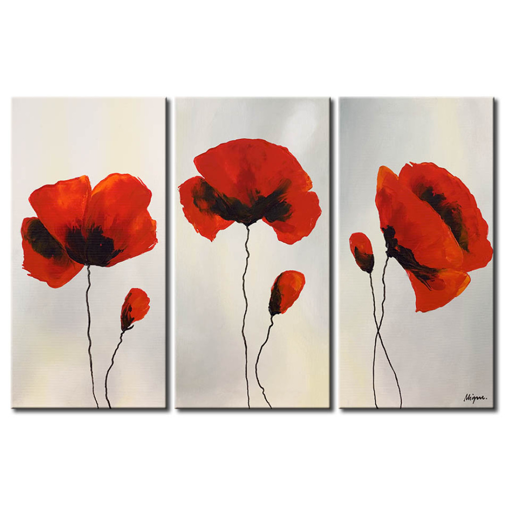 Schilderij  Klaprozen: Klaprozen In Glinsterende Mist (3-delig) - Rode Bloemen Op Een Witte Achtergrond