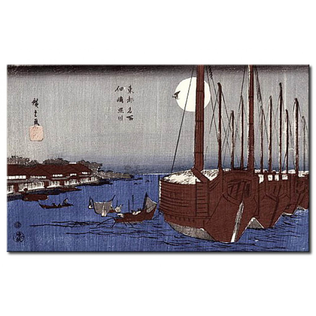 Schilderij  Utagawa Hiroshige: Tsukudajima Island And The Fukagawa District Under The Full Moon, From The Series 'Toto Meisho' (Famous Places Of Edo)