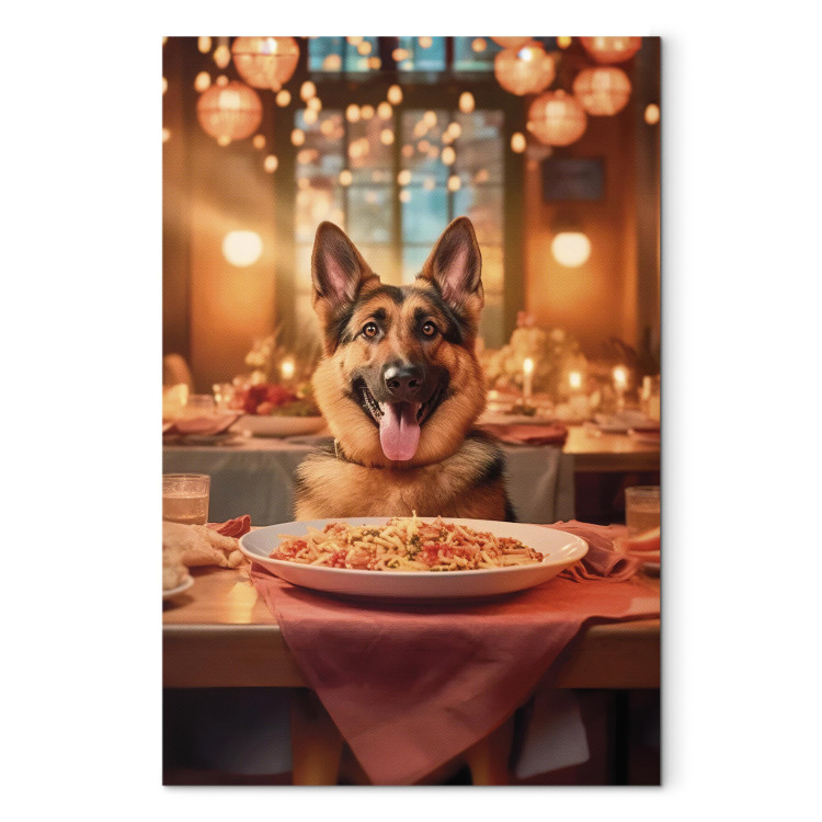 Canvas Print AI Dog German Shepherd - Animal at Dinner in Restaurant - Vertical 150295