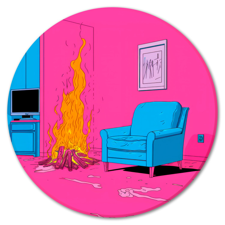 Round Canvas Home Fireplace - Hearth and Blue Armchair Against a Pink Wall 151595