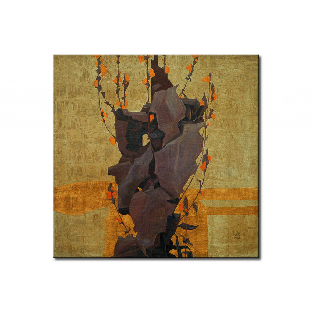 Schilderij  Egon Schiele: Stilisierte Blumen Vor Dekorativem Hintergrund