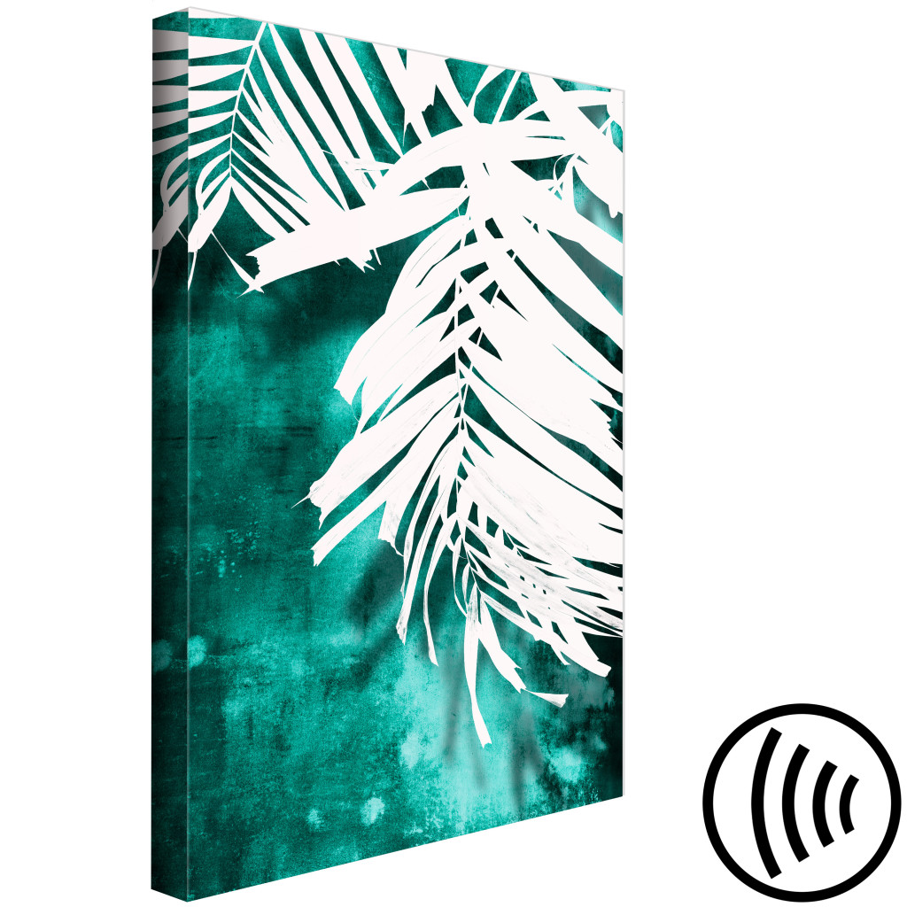 Pintura Em Tela Contrastes Botânicos - Folhas De Palmeira Sobre Fundo Esmeralda